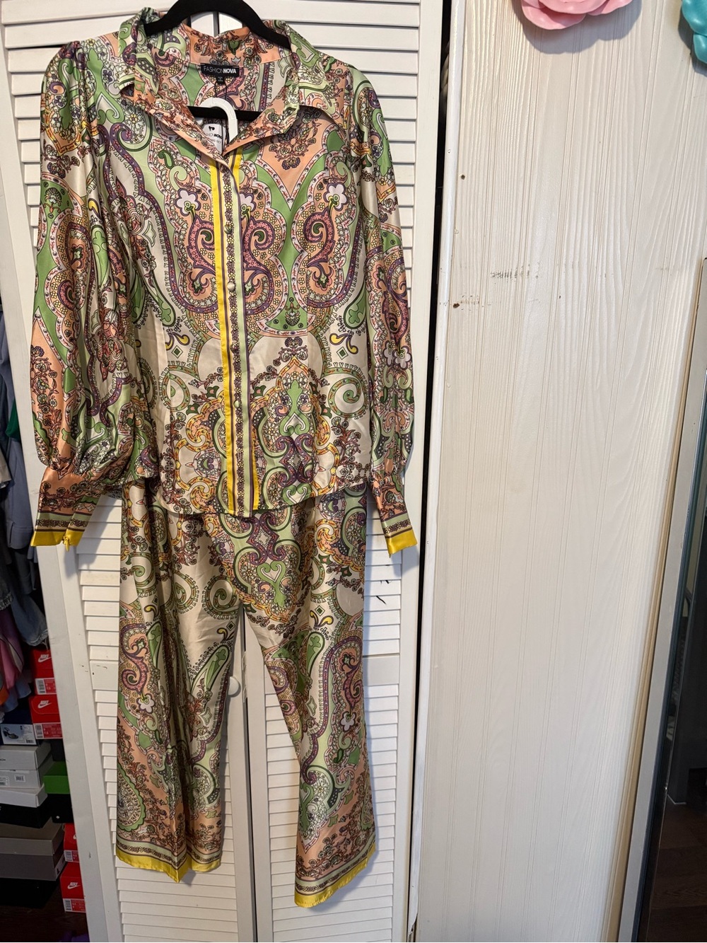 ANTONIO MELANI Paisley two piece set in Green, Pink & Yellow Trim